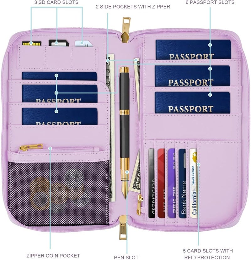 Simikol Family Passport Holder Wallet RFID Blocking Document Organizer PU Leather Mulit-purpose Travel Wallet Credit Cards Case for Women Men, Smokey Purple - Image 2